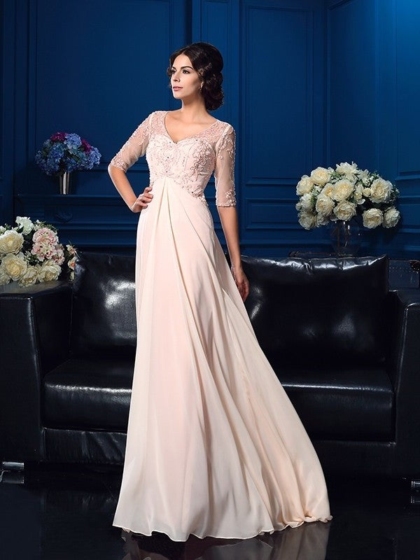 Beading A-Line/Princess Long V-neck Chiffon Sleeves 1/2 Mother of the Bride Dresses