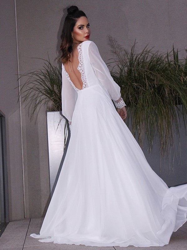 Sleeves Scoop Chiffon A-Line/Princess Sweep/Brush Ruffles Long Train Wedding Dresses