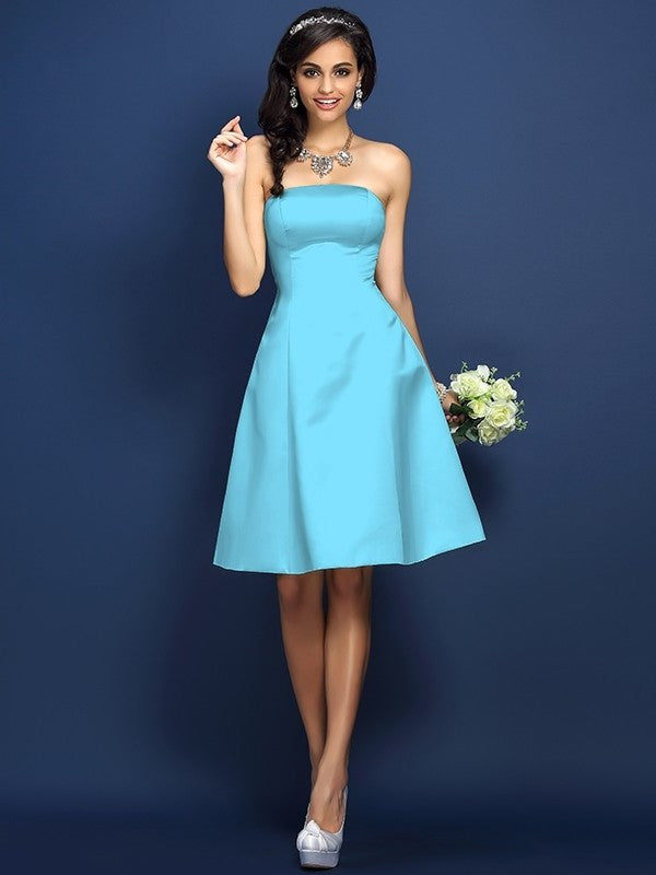 Strapless A-Line/Princess Short Sleeveless Satin Bridesmaid Dresses