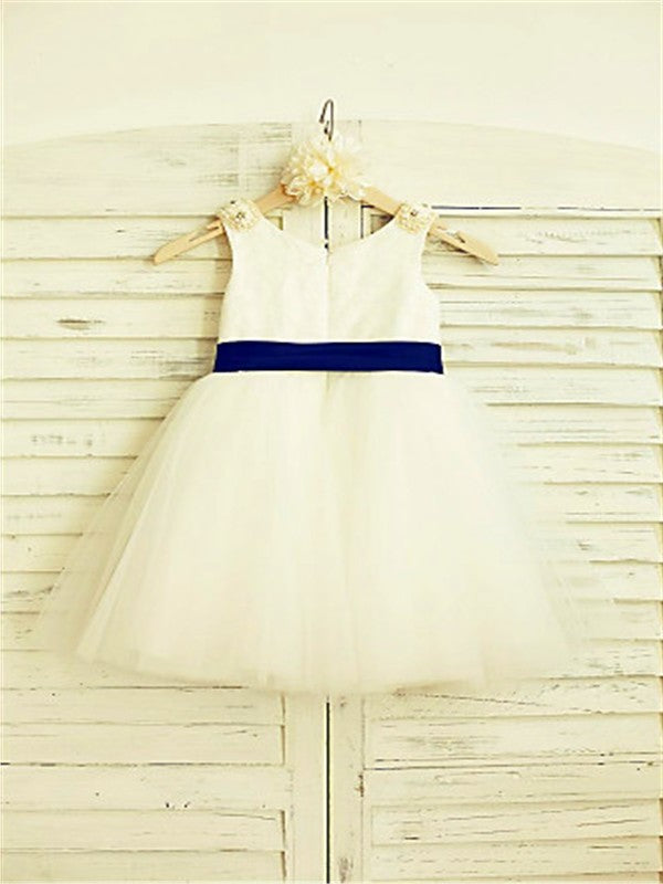 Scoop Tea-Length Bowknot A-line/Princess Sleeveless Tulle Flower Girl Dresses