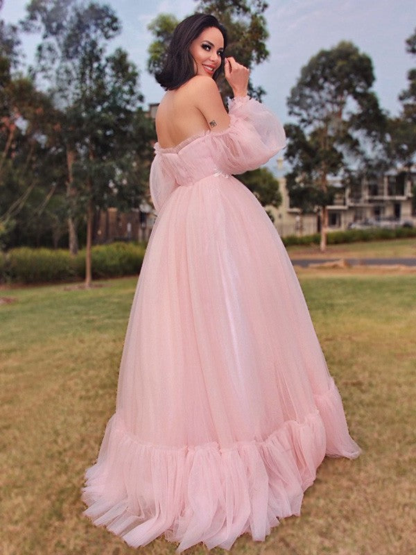 Long Sleeves Tulle A-Line/Princess Floor-Length Applique Off-the-Shoulder Dresses