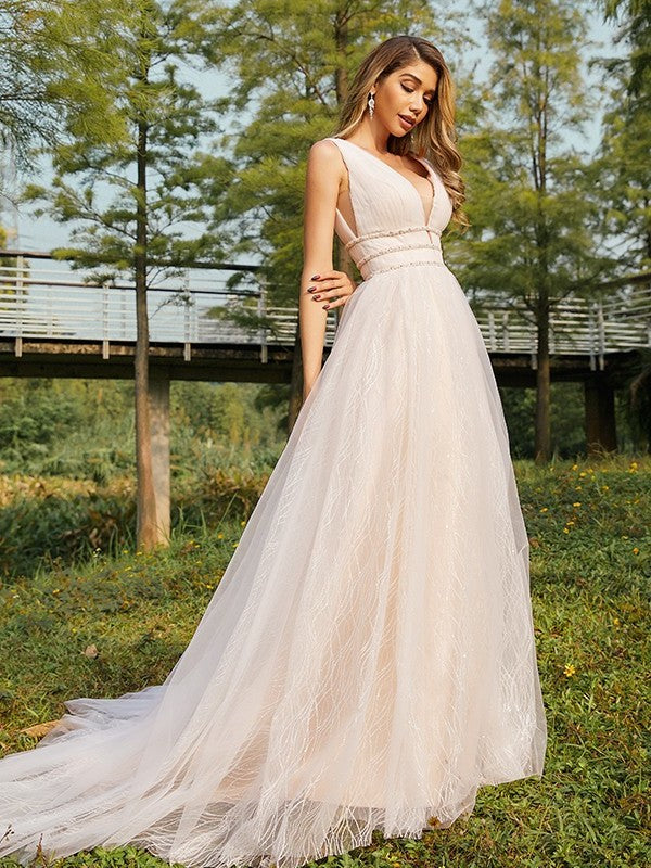 V-neck Ruffles Tulle Sleeveless Sweep/Brush A-Line/Princess Train Wedding Dresses