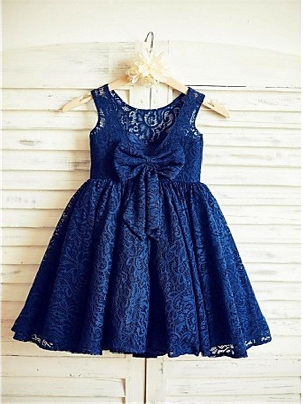 Scoop Lace Bowknot Sleeveless Tea-Length A-line/Princess Flower Girl Dresses