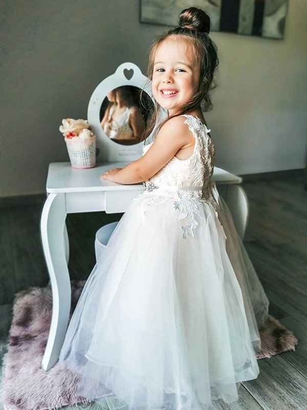 Sleeveless V-neck Lace Ankle-Length Tulle A-Line/Princess Flower Girl Dresses