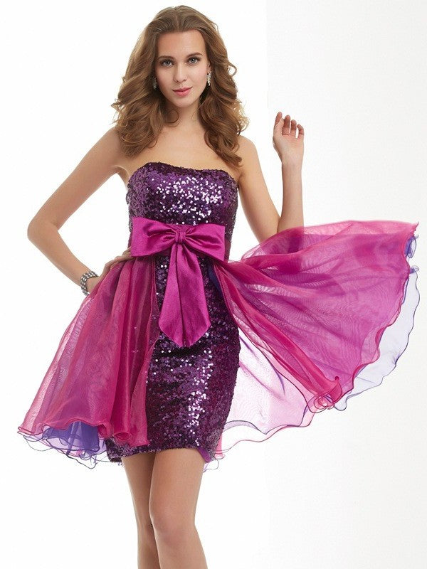 Bowknot A-Line/Princess Sleeveless Short Strapless Organza Homecoming Dresses