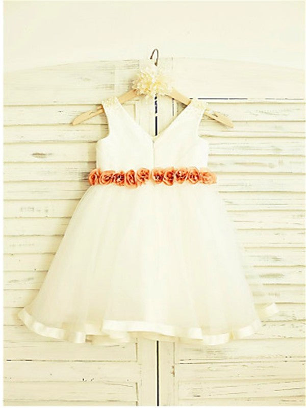 Hand-made Tea-Length A-line/Princess V-neck Flower Tulle Sleeveless Flower Girl Dresses