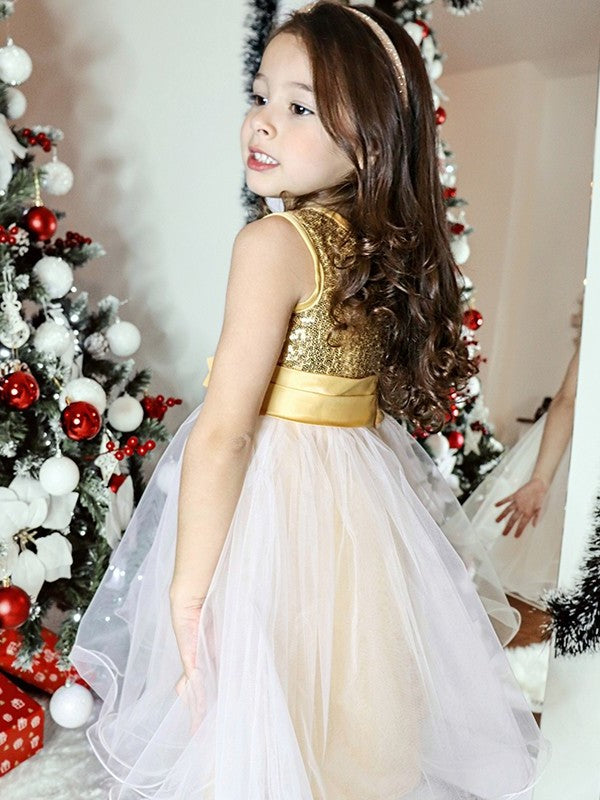 Scoop Sleeveless A-Line/Princess Tea-Length Organza Sequin Flower Girl Dresses