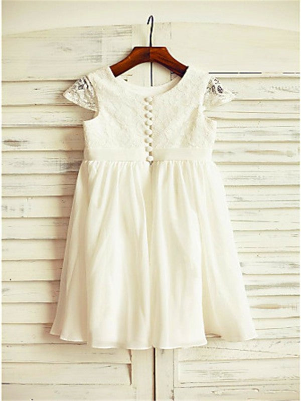 Lace Chiffon Sleeves Short Tea-Length Scoop A-line/Princess Flower Girl Dresses