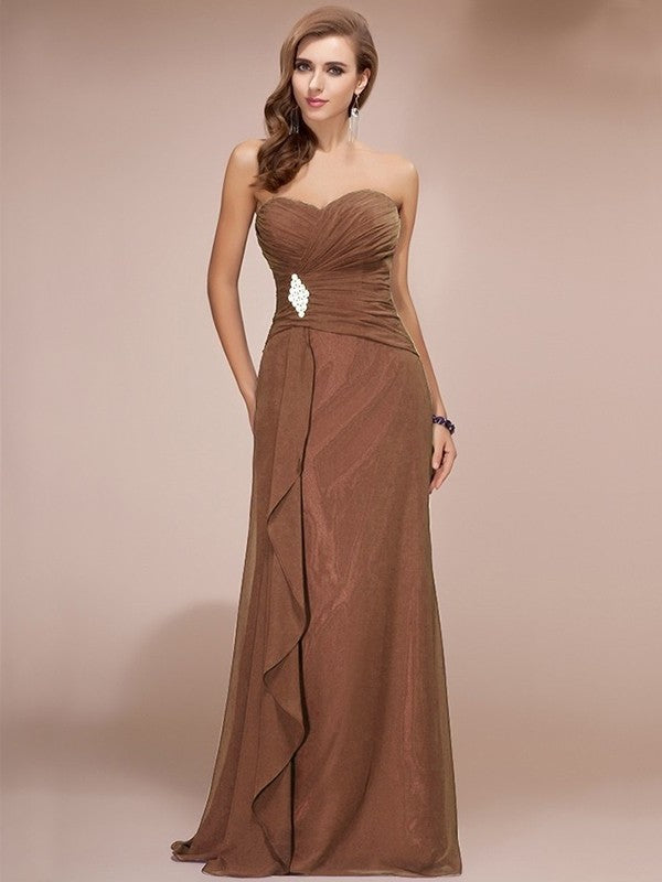 Sleeveless Sheath/Column Long Beading Sweetheart Ruffles Chiffon Bridesmaid Dresses