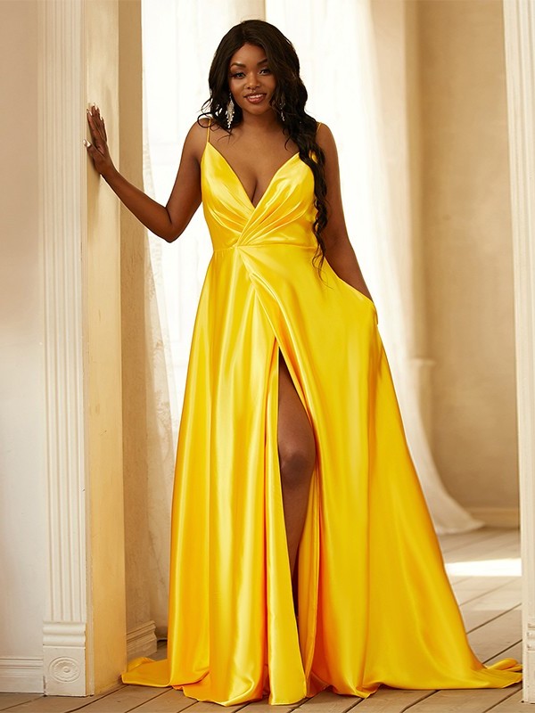 V-neck Sleeveless like Silk A-Line/Princess Ruched Satin Sweep/Brush Train Dresses