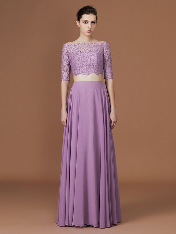 Sleeves Off-the-Shoulder Floor-Length 1/2 A-Line/Princess Lace Chiffon Bridesmaid Dress