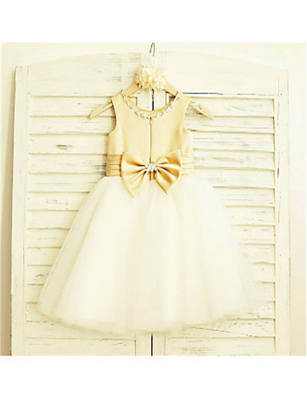 Sleeveless Scoop Tea-Length Tulle Bowknot A-line/Princess Flower Girl Dresses