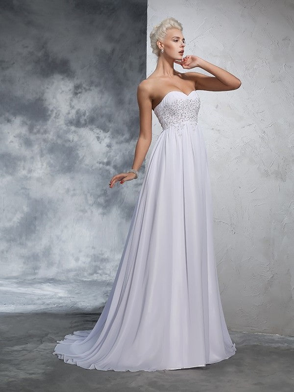 Sweetheart Sleeveless A-Line/Princess Long Beading Chiffon Wedding Dresses