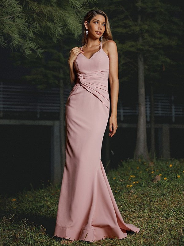 Stretch Ruched Sheath/Column Sleeveless Crepe V-neck Floor-Length Bridesmaid Dresses