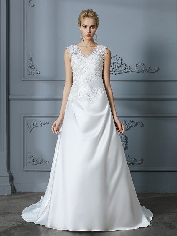 Sweep/Brush V-neck Applique Train Sleeveless A-Line/Princess Satin Wedding Dresses