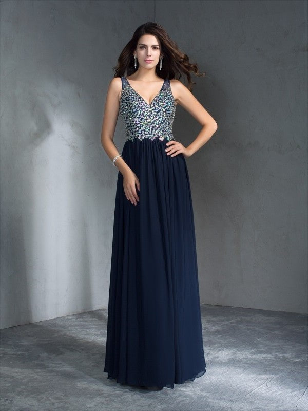 A-Line/Princess V-neck Sleeveless Beading Long Chiffon Dresses