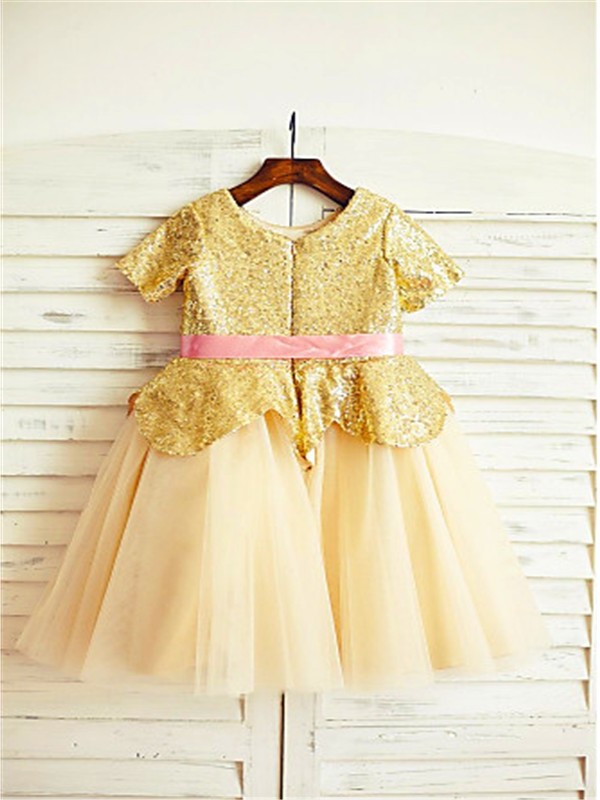 Scoop A-line/Princess Short Tulle Sequin Tea-Length Sleeves Flower Girl Dresses