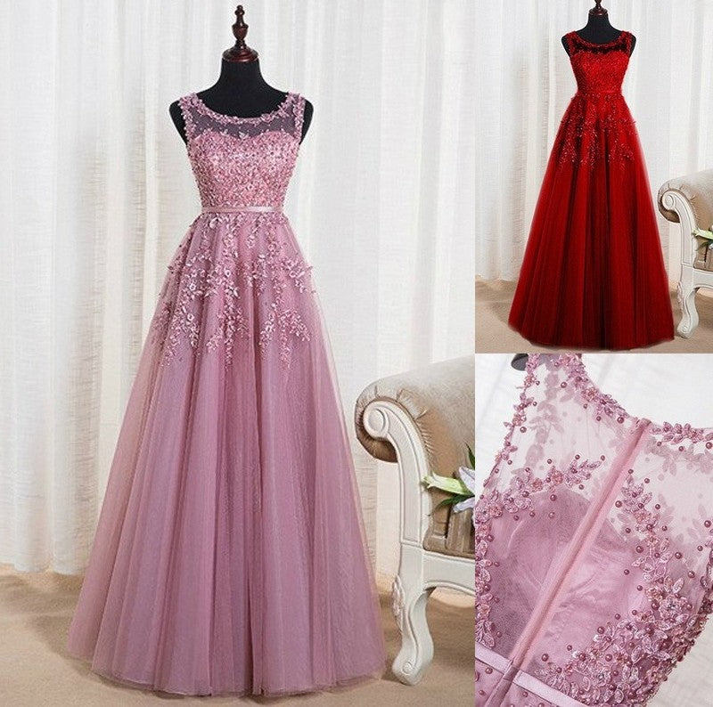 Sleeveless A-Line/Princess Scoop Floor-Length Tulle Beading Dresses