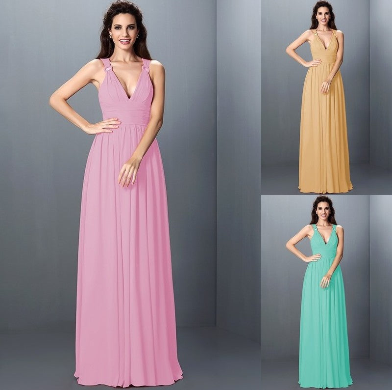 V-neck Pleats Long Sleeveless A-Line/Princess Chiffon Bridesmaid Dresses