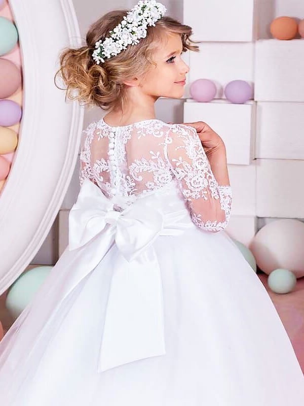 Train Sweep/Brush Tulle Ball 1/2 Gown Jewel Lace Sleeves Flower Girl Dresses