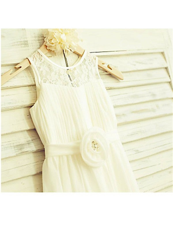 Chiffon Tea-Length Hand-made Sleeveless Scoop A-line/Princess Flower Flower Girl Dresses