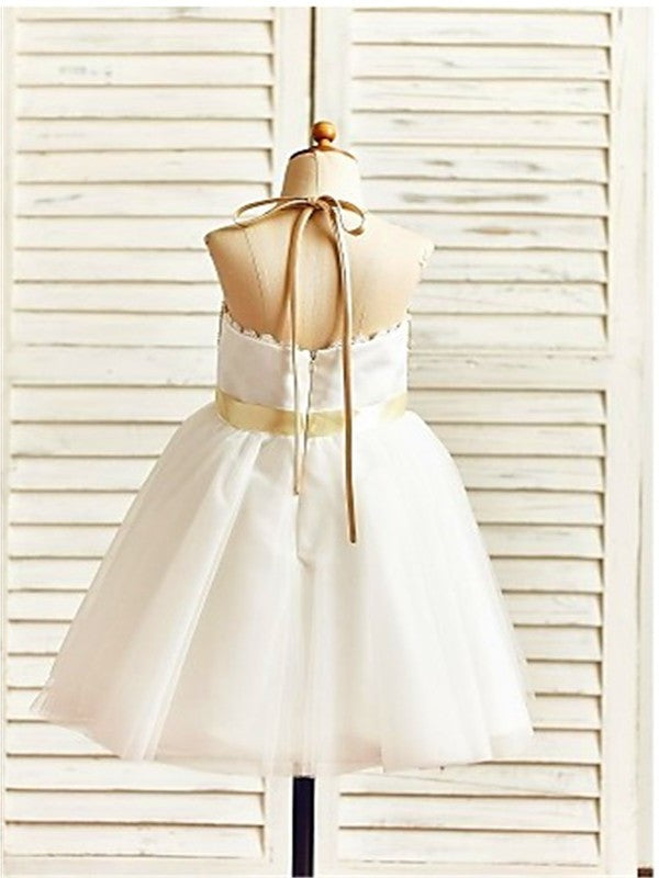 Halter Tea-Length A-line/Princess Sleeveless Sequin Tulle Flower Girl Dresses