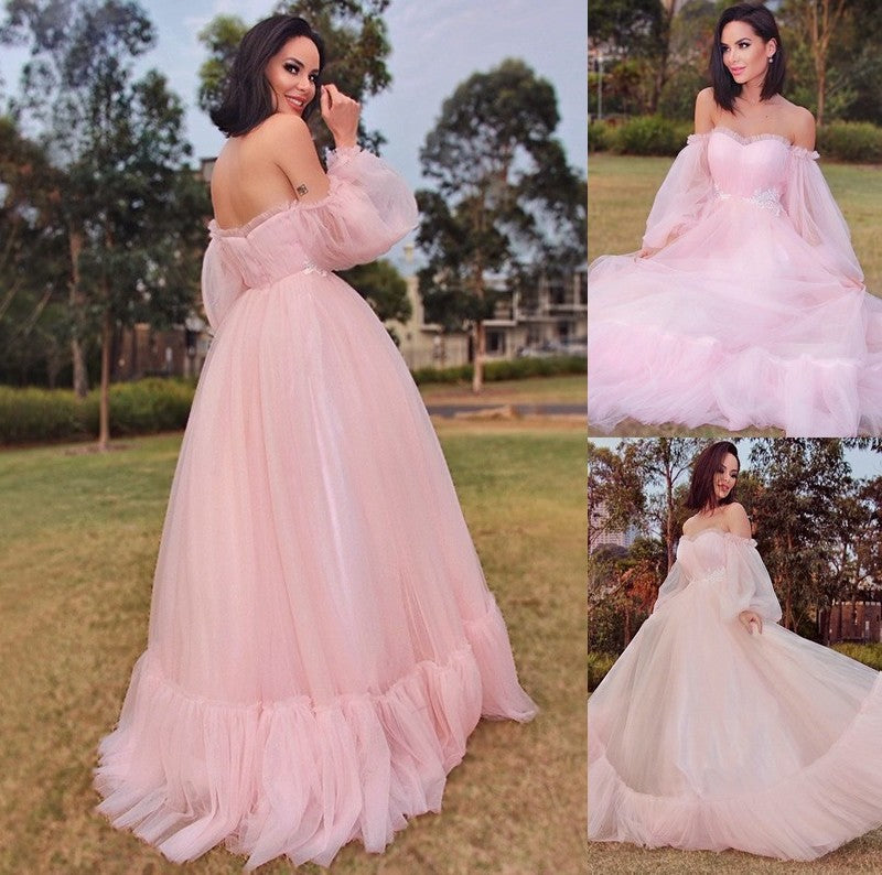 Long Sleeves Tulle A-Line/Princess Floor-Length Applique Off-the-Shoulder Dresses