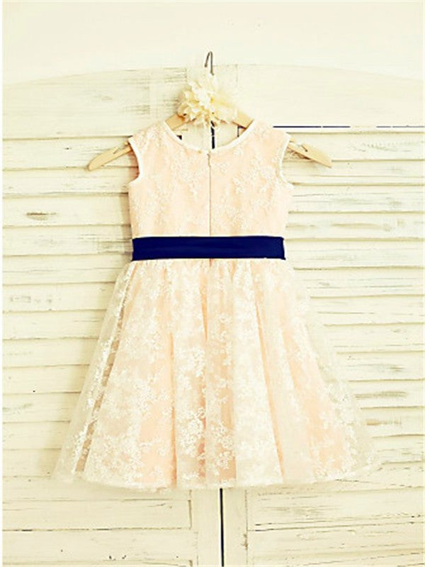 A-line/Princess Bowknot Sleeveless Lace Ankle-Length Scoop Flower Girl Dresses