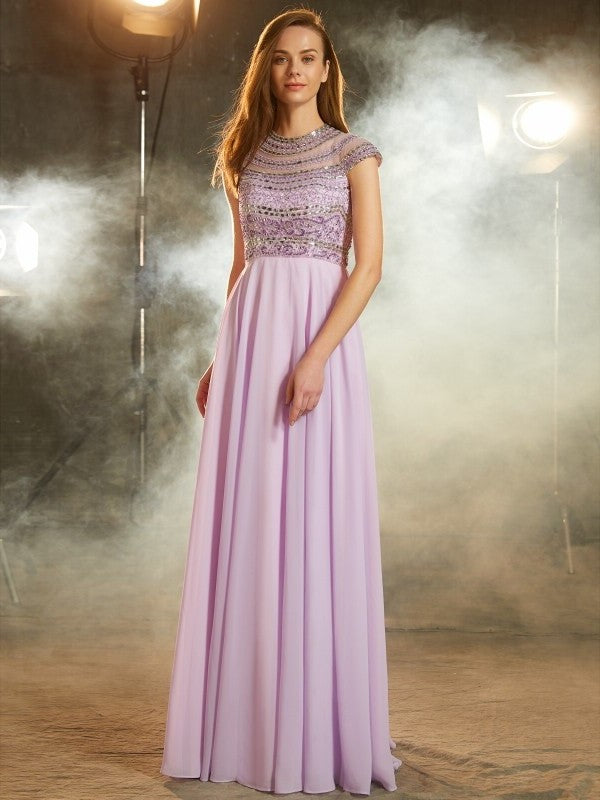 Scoop A-Line/Princess Sleeves Floor-Length Short Beading Chiffon Dresses