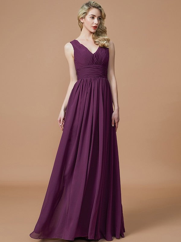 V-neck A-Line/Princess Floor-Length Sleeveless Chiffon Bridesmaid Dresses