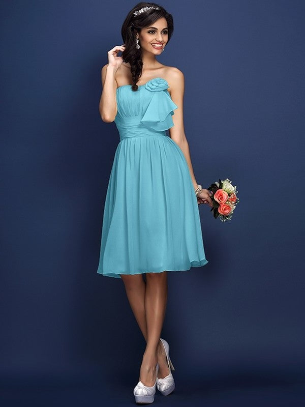 Strapless Sleeveless Flower A-Line/Princess Hand-Made Short Pleats Chiffon Bridesmaid Dresses