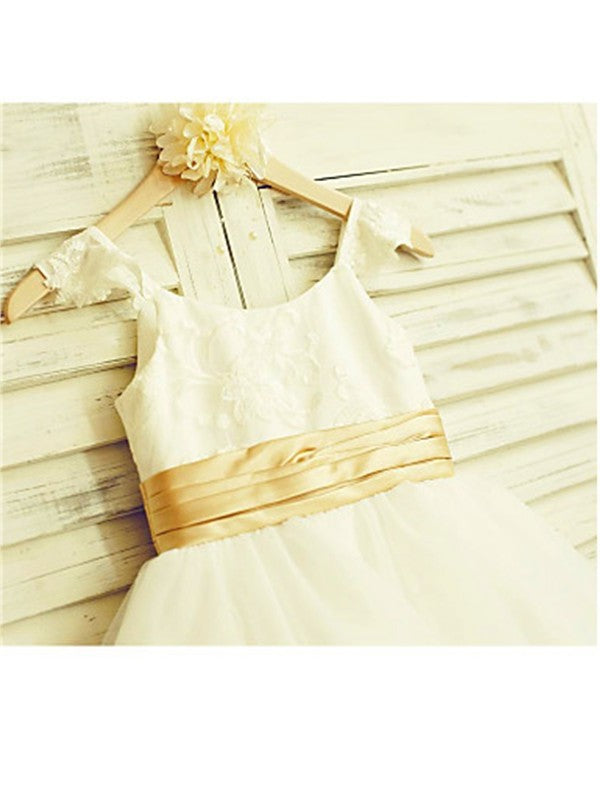 Tulle Lace Straps A-line/Princess Tea-Length Spaghetti Sleeveless Flower Girl Dresses