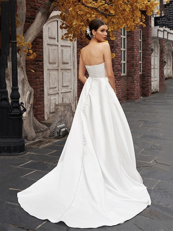 Strapless Satin A-Line/Princess Ruffles Sleeveless Sweep/Brush Train Wedding Dresses