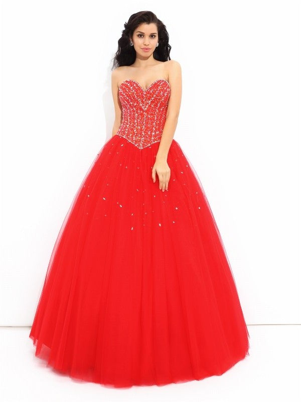 Sleeveless Sweetheart Long Beading Ball Gown Net Quinceanera Dresses