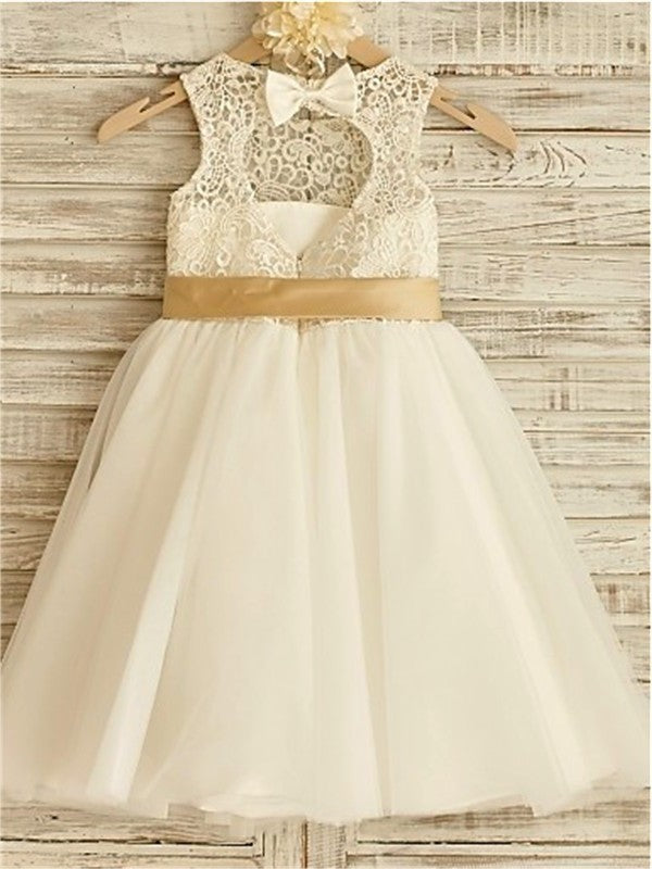 Scoop Knee-Length A-line/Princess Sleeveless Tulle Bowknot Flower Girl Dresses