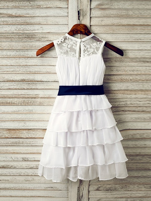 Tea-Length Scoop A-Line/Princess Sash/Ribbon/Belt Chiffon Sleeveless Flower Girl Dresses