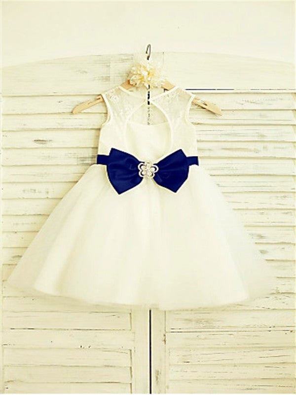 Tea-Length Scoop Bowknot A-line/Princess Sleeveless Tulle Flower Girl Dresses