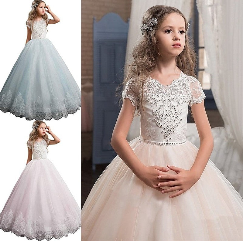 Gown V-neck Sleeves Tulle Short Floor-Length Lace Ball Flower Girl Dresses