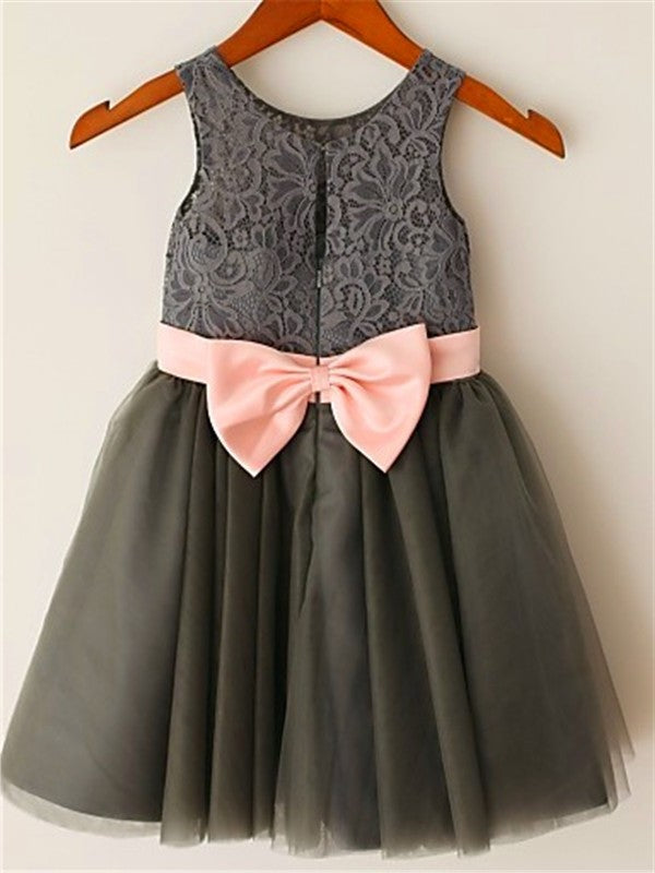 Bowknot Tea-Length Scoop Tulle A-line/Princess Sleeveless Flower Girl Dresses