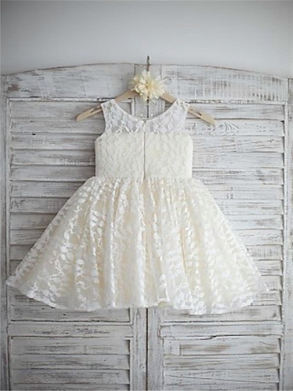 A-line/Princess Scoop Flower Hand-made Lace Tea-Length Sleeveless Flower Girl Dresses