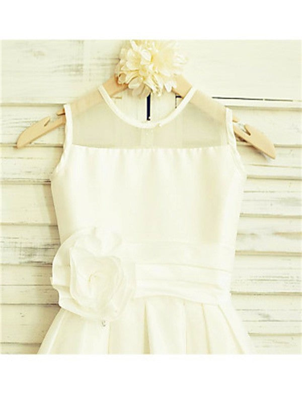 Tea-Length Hand-made Scoop Sleeveless A-line/Princess Flower Chiffon Flower Girl Dresses