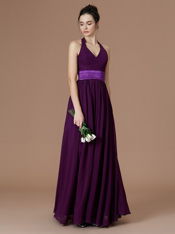 Floor-Length Sleeveless Halter A-Line/Princess Sash/Ribbon/Belt Chiffon Bridesmaid Dresses