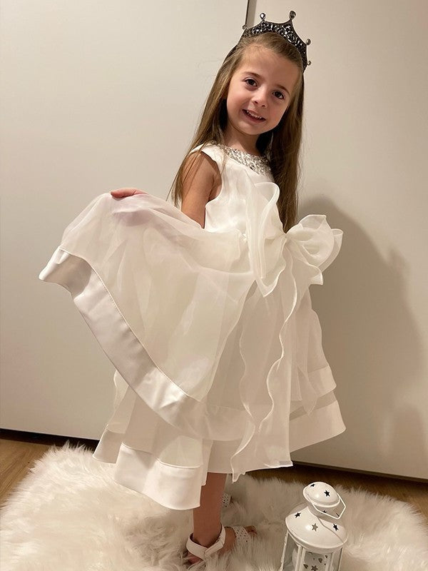 Satin Jewel Sleeveless Tea-Length A-Line/Princess Bowknot Flower Girl Dresses