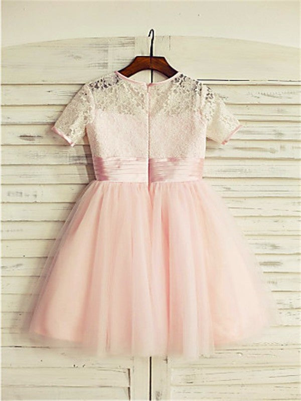 Lace Short A-line/Princess Tulle Sleeves Tea-Length Jewel Flower Girl Dresses