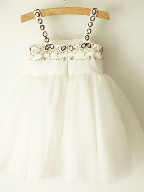 Tulle A-Line/Princess Knee-Length Straps Sleeveless Beading Flower Girl Dresses