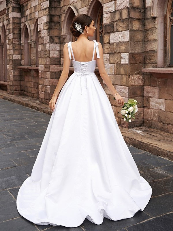 Straps A-Line/Princess Ruffles Satin Sleeveless Sweep/Brush Train Wedding Dresses