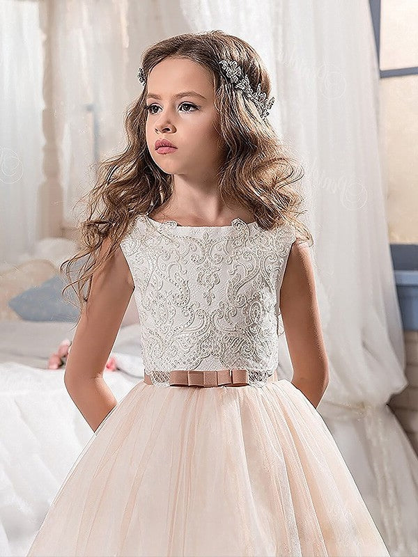 Tulle Gown Jewel Sweep/Brush Sleeveless Train Lace Ball Flower Girl Dresses