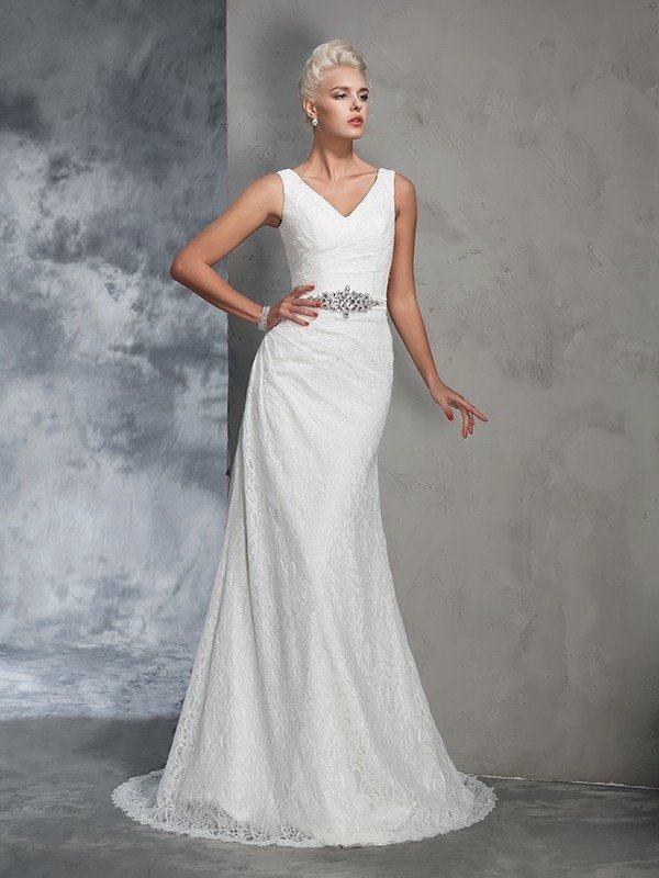 Trumpet/Mermaid Long Sleeveless Lace V-neck Lace Wedding Dresses