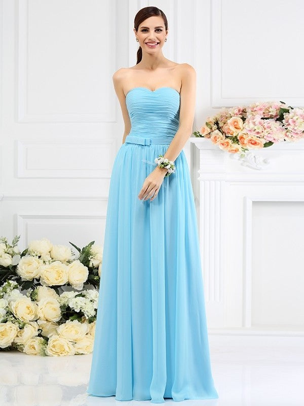 Pleats Hand-Made Sleeveless A-Line/Princess Sweetheart Long Flower Chiffon Bridesmaid Dresses