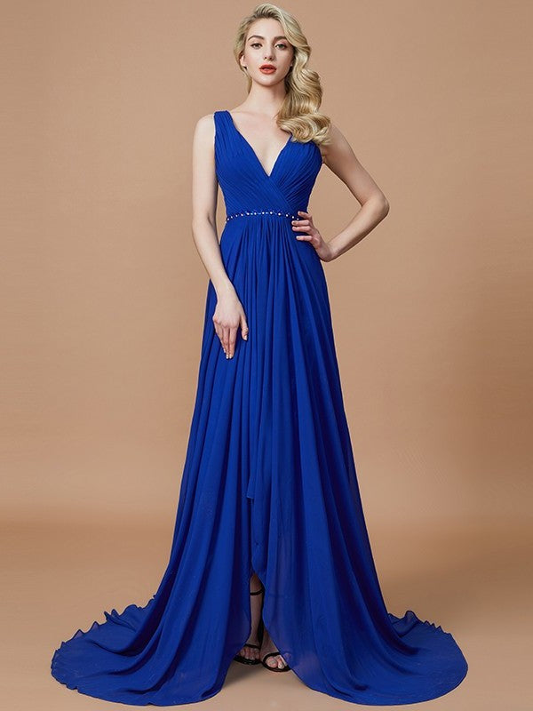 V-neck Chiffon Sleeveless Sweep/Brush A-Line/Princess Train Bridesmaid Dresses